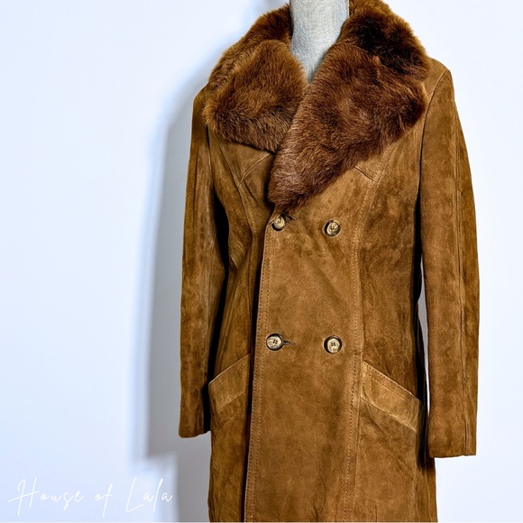 Vintage Brown Suede Trench Coat with Fur Collar Wounded Bird - Picture 2 of 10